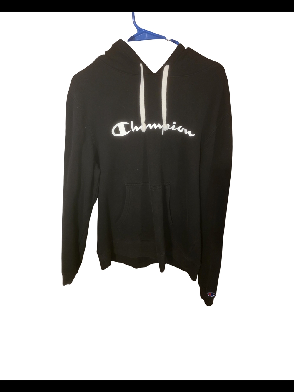 Champion Black Hoodie with White Script Logo
